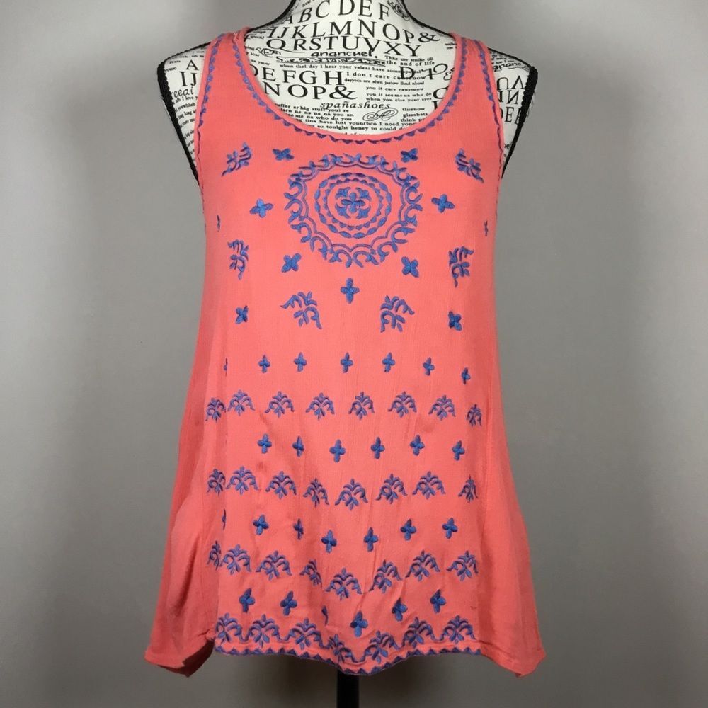 Coral and blue embroidered gauzy sleeveless top henna atzec pattern summer sz MP